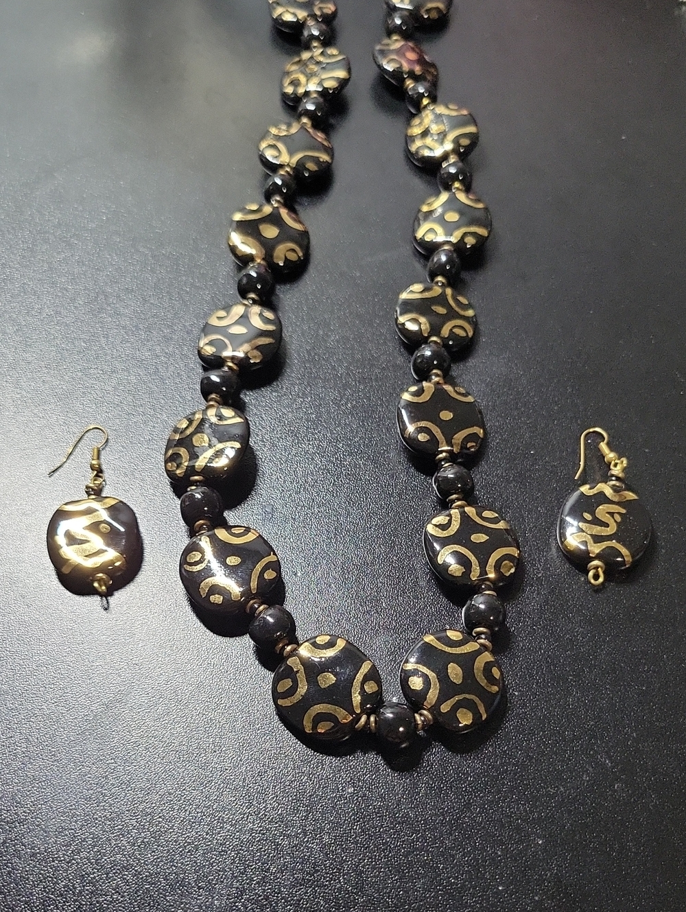 Gold-Accent Black Beaded Necklace and Earrings Set